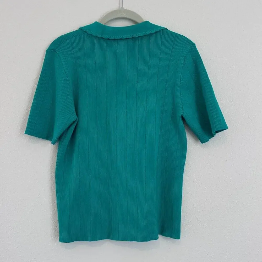 Adrianna Papell Rib Cable Short Sleeve Collar Sweater, Green, Size Medium - Picture 2 of 8
